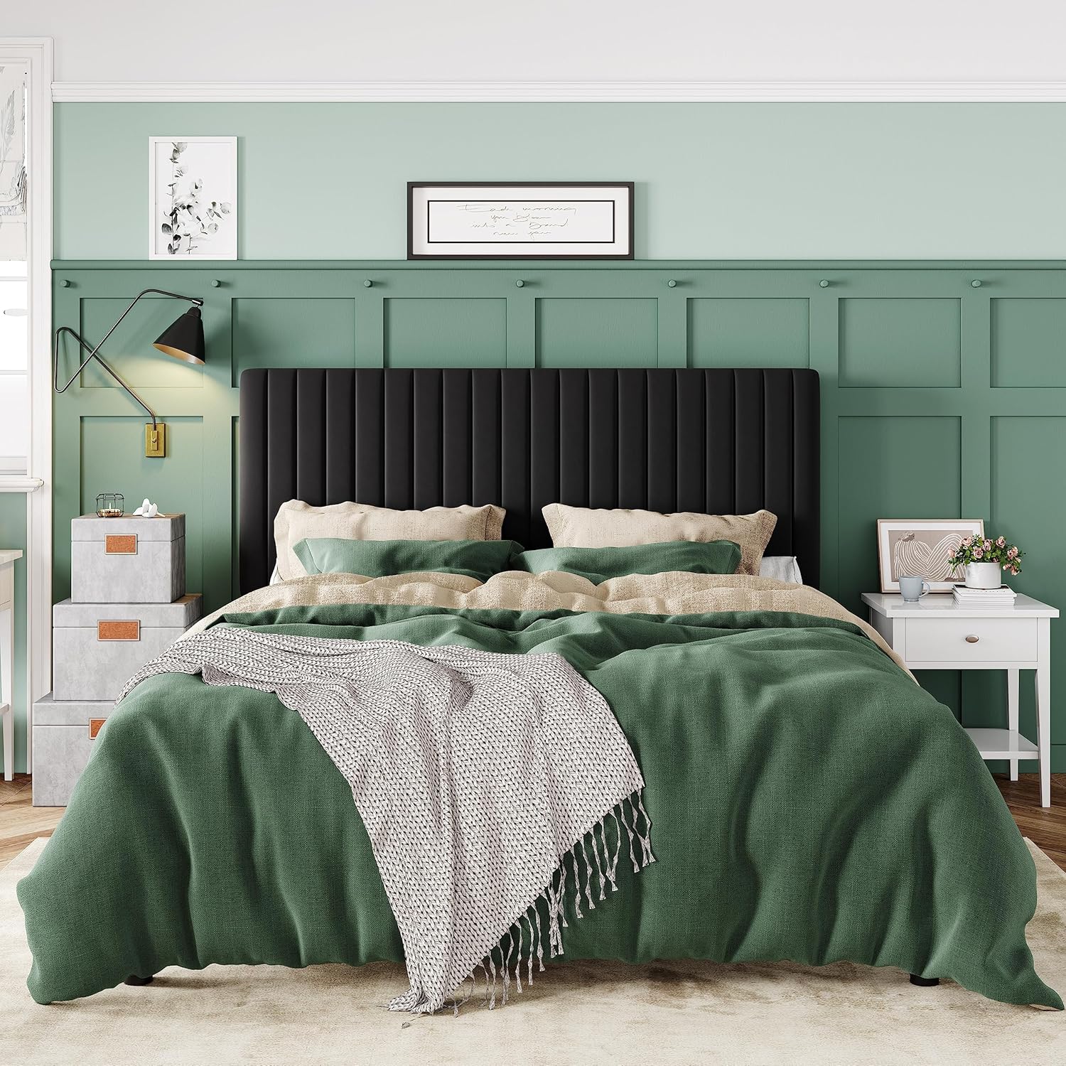 Allewie queen black velvet upholstered platform bed frame with vertical channel tufted headboard and wooden slat support