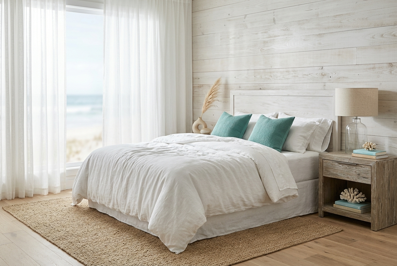 Coastal calm bedroom 2026 with white linen bedding, weathered driftwood nightstand and sea glass decor