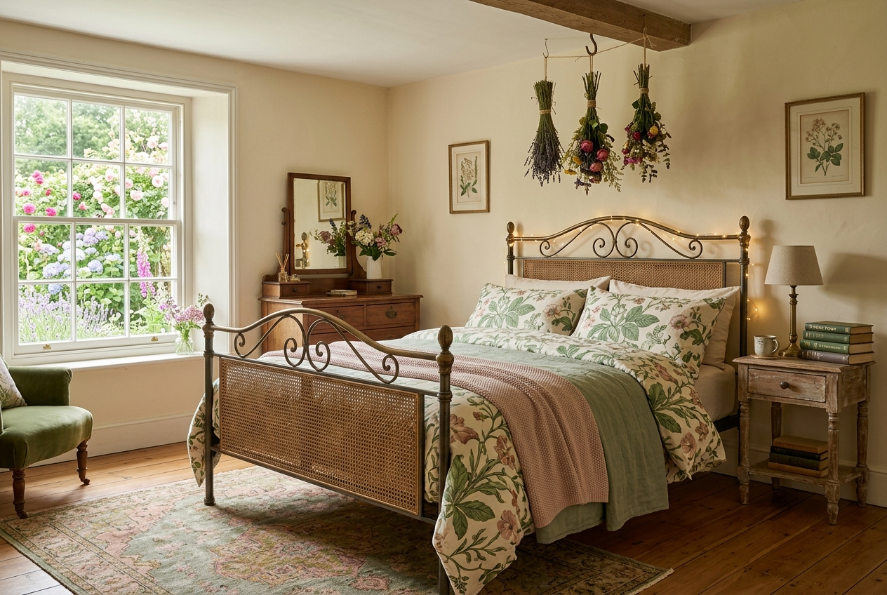 Cottagecore bedroom 2026 with floral bedding vintage rattan furniture dried flower bunches and warm fairy lights