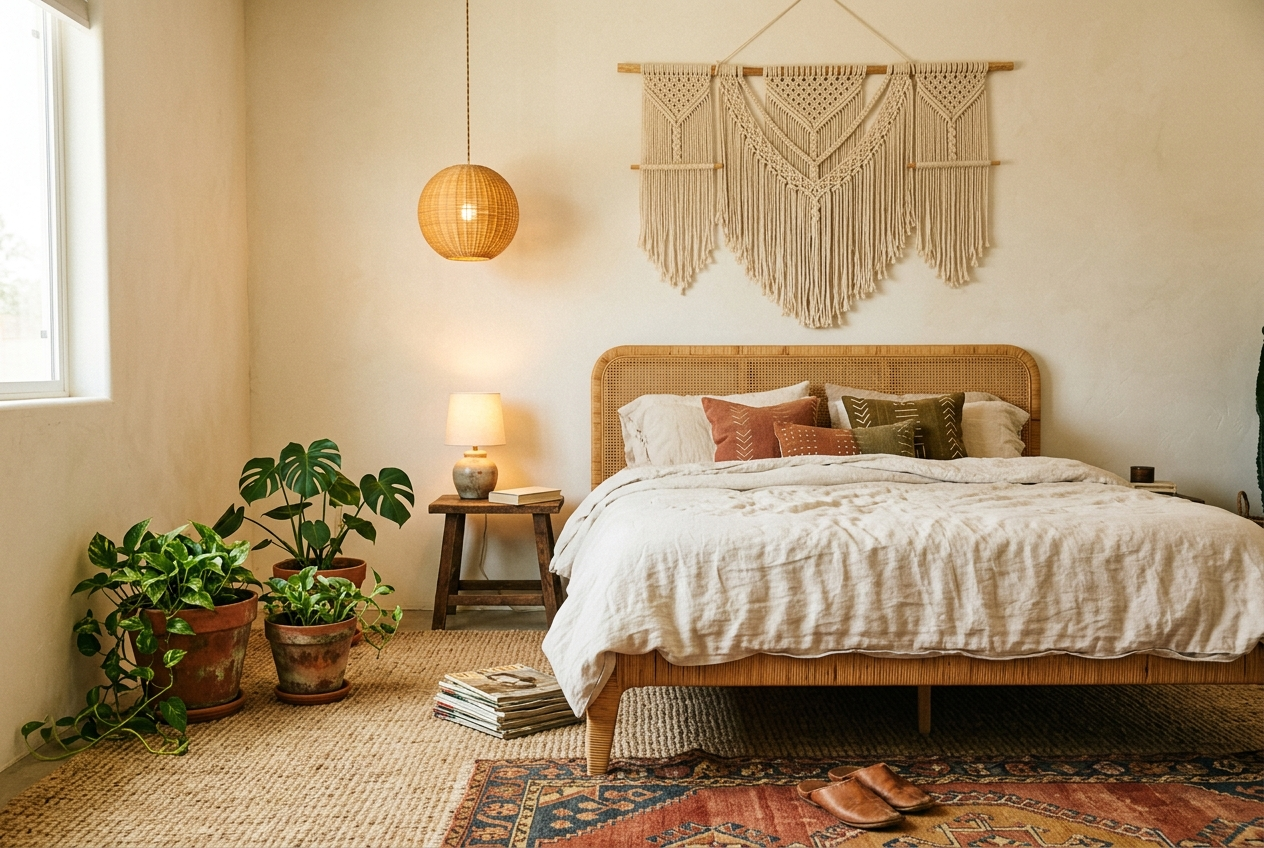 Earthy boho bedroom 2026 with macrame wall art, rattan furniture, terracotta tones and layered vintage rugs