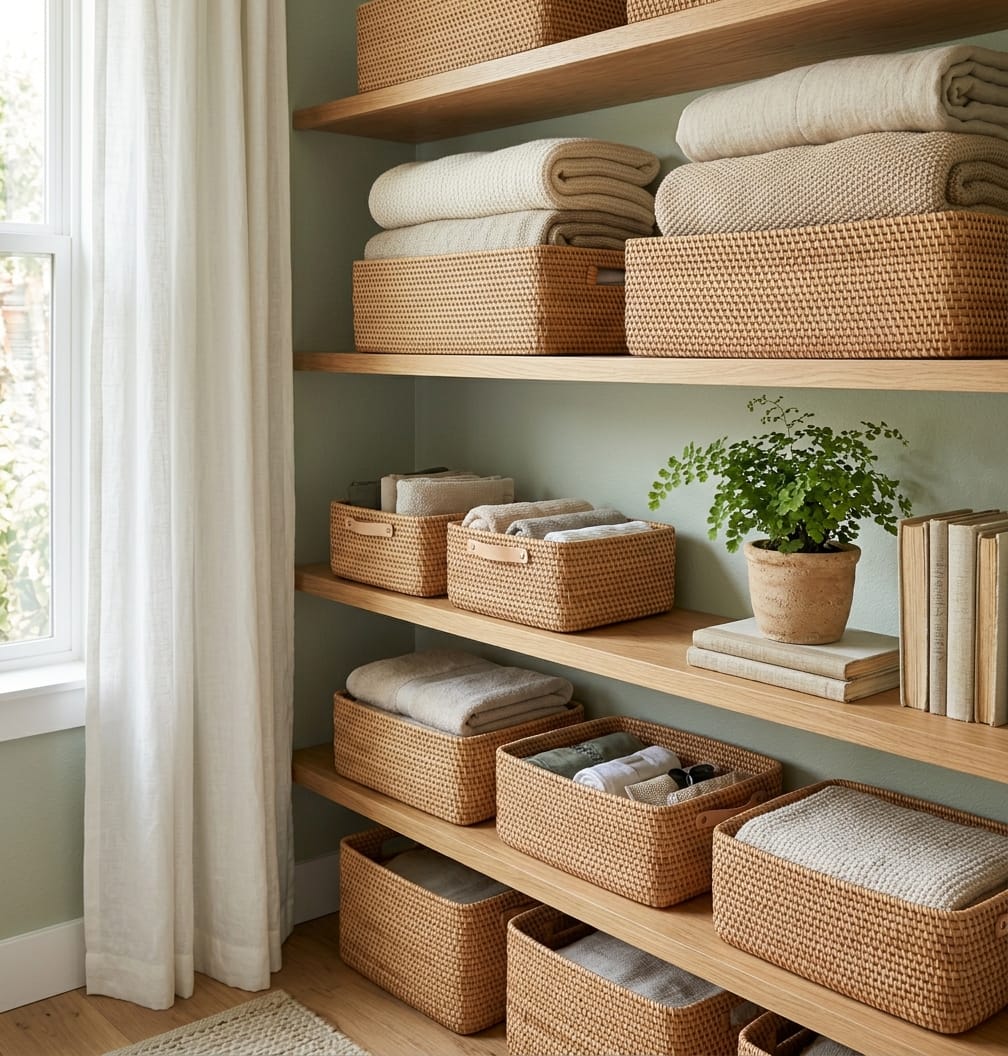 Small bedroom storage organization with baskets and shelving