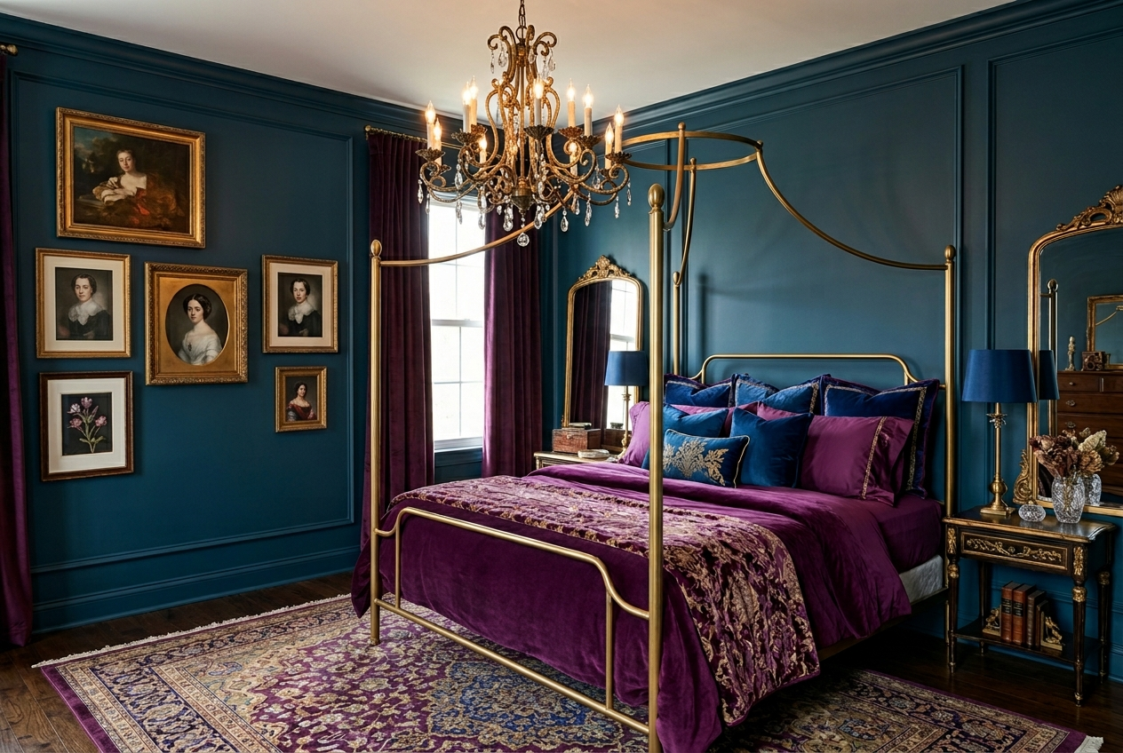Luxe maximalist bedroom 2026 with jewel tone velvet, gold canopy bed, layered gallery wall and ornate chandelier
