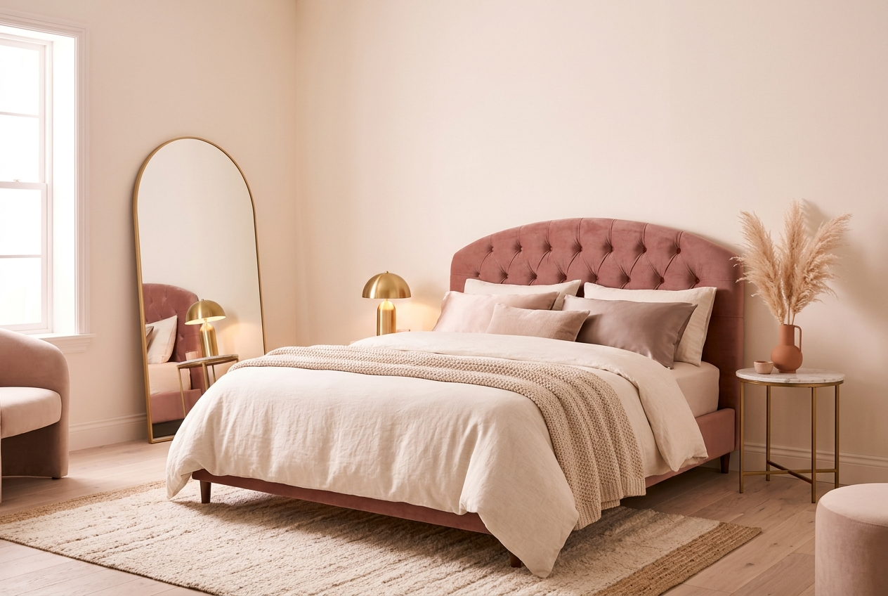 Modern romantic bedroom 2026 with blush pink upholstered bed, gold accents and soft candlelight ambiance