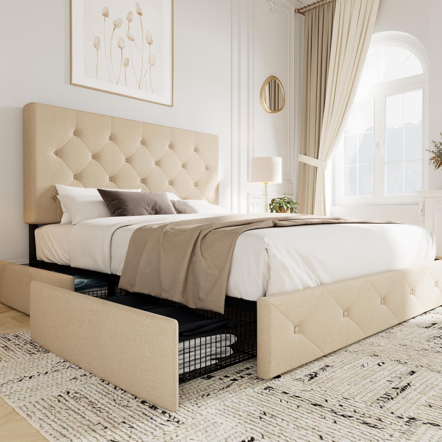 Allewie beige upholstered queen platform bed with 4 storage drawers, diamond tufted headboard and wooden slat support | MyNestrova