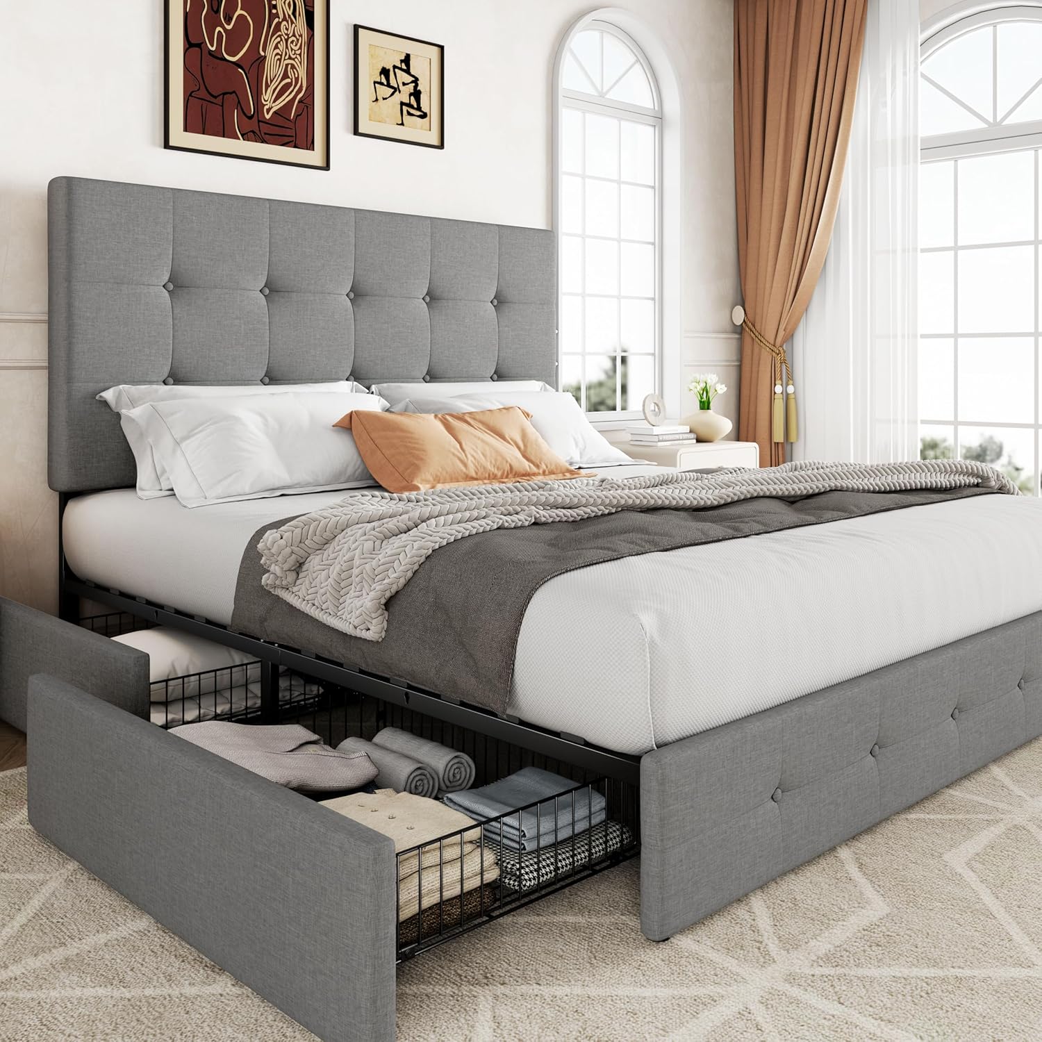 Allewie light grey queen upholstered platform bed frame with 4 storage drawers