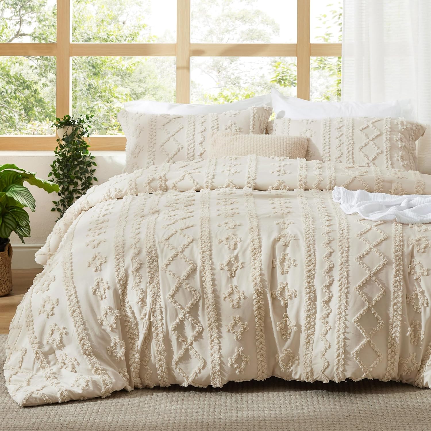 Bedsure beige queen size tufted boho comforter set with farmhouse embroidery and soft all-season bedding Amazon pick | MyNestrova