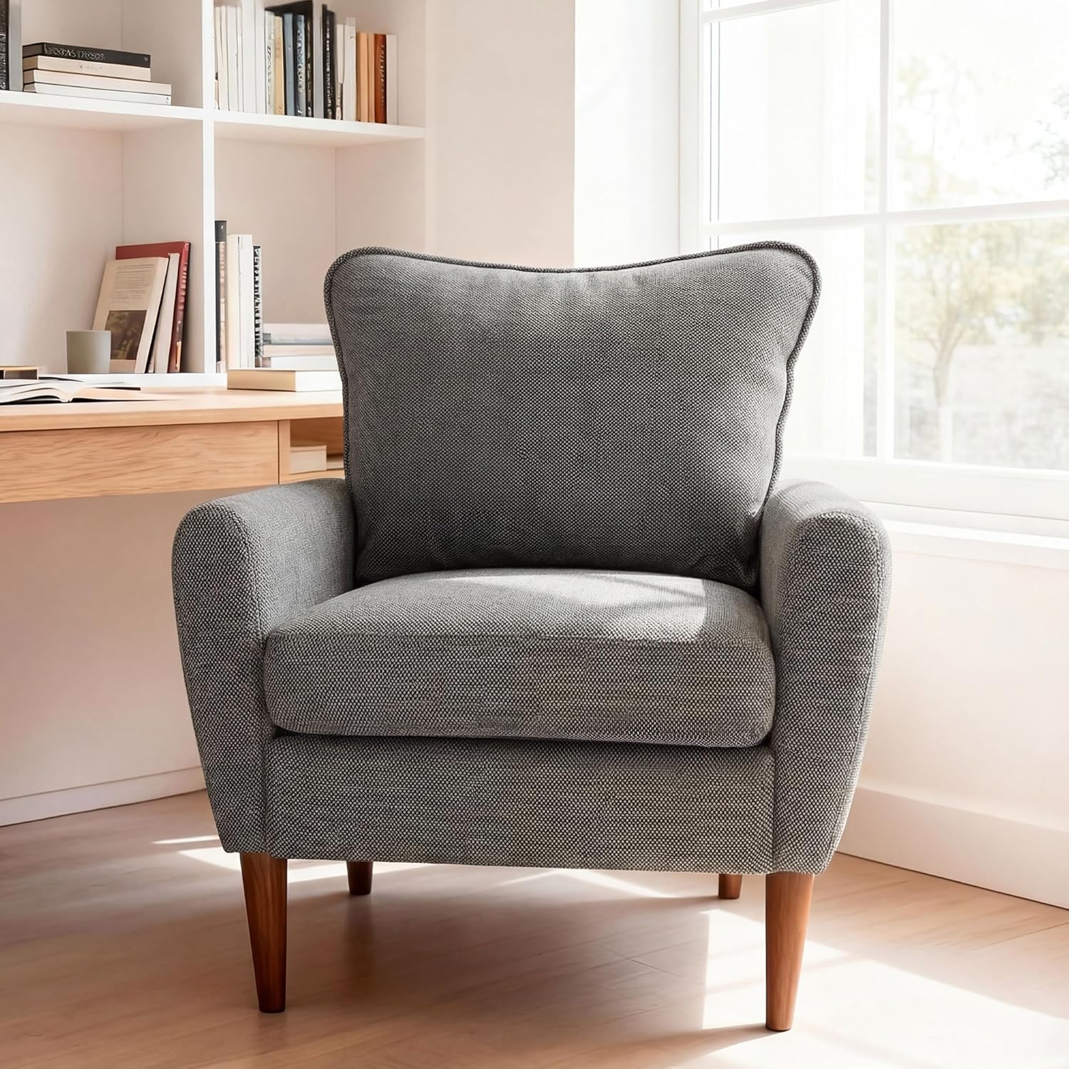 OLIXIS gray upholstered mid-century accent chair with pillow and solid wood legs for living room and bedroom Amazon pick | MyNestrova