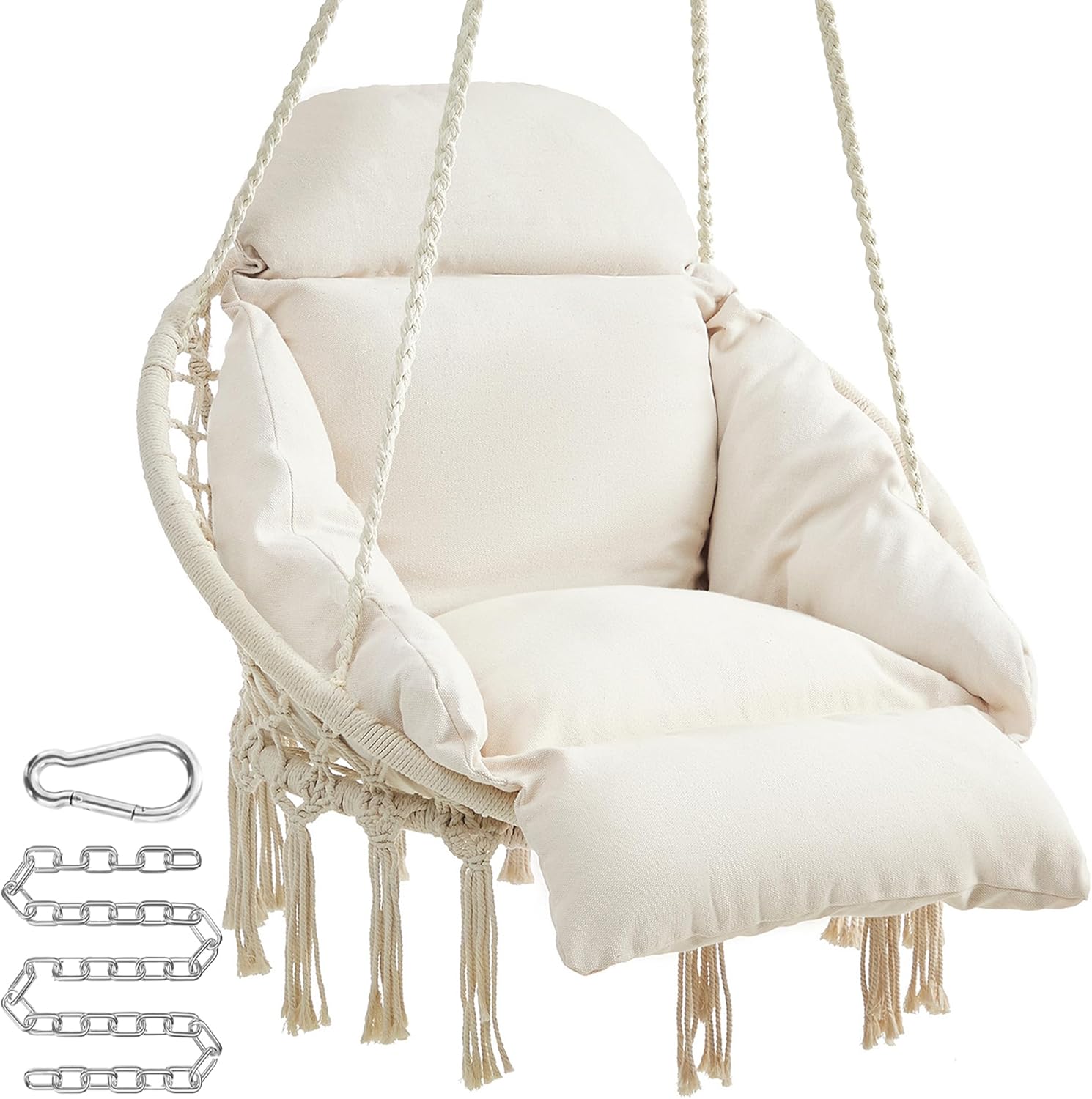 SONGMICS cream white boho hanging hammock chair with thick cushion for bedroom, patio, balcony, and home decor Amazon pick | MyNestrova