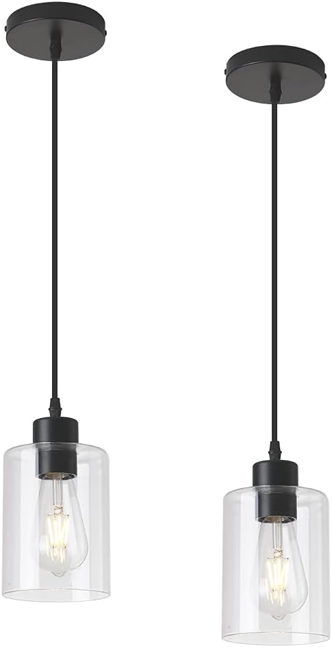 Modern black farmhouse clear glass cylinder pendant lights with mini kitchen island lighting design | MyNestrova