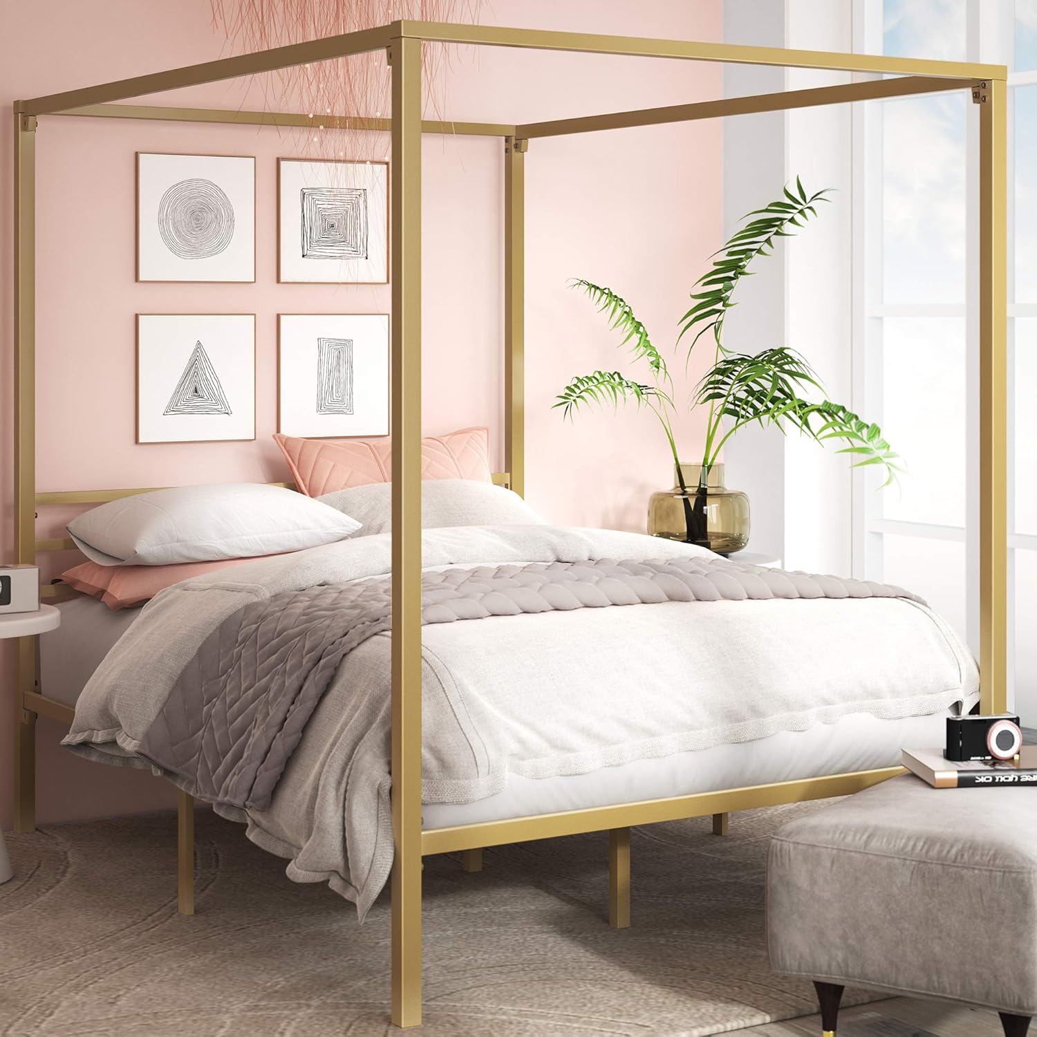 Zinus Patricia gold metal canopy platform bed frame with steel slat support and modern bedroom design | MyNestrova