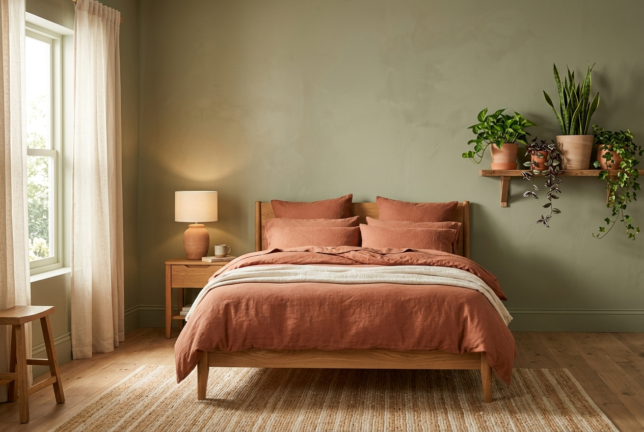 Sage green and terracotta bedroom 2026 with earthy tones biophilic plants and linen bedding