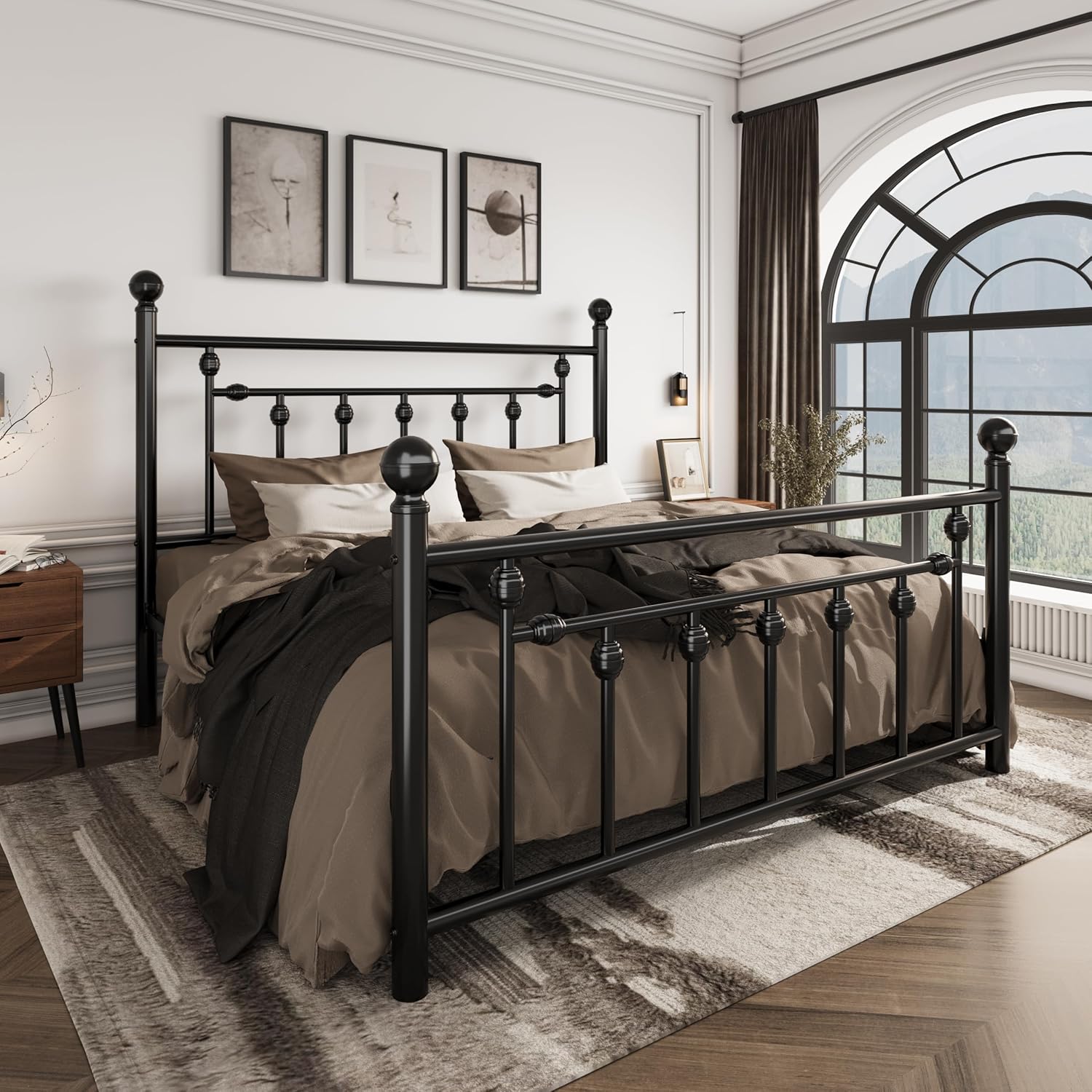 Metal platform bed frame under $200SHA CERLIN black queen size metal platform bed frame with Victorian headboard, footboard and steel slat mattress support