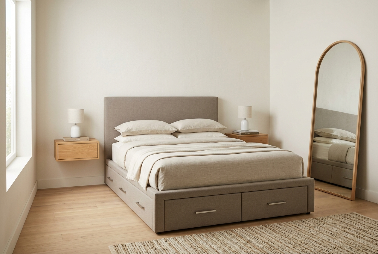 Smart minimalist small bedroom 2026 with storage platform bed, wall mounted nightstands and neutral clean aesthetic